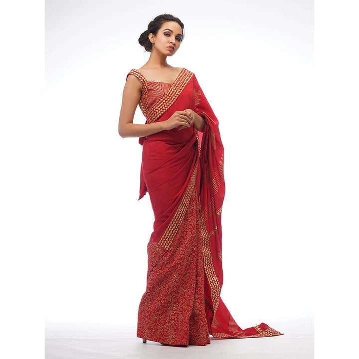 Shruti S Red Half Silk Saree with Stitched Blouse