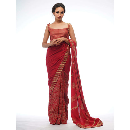 Shruti S Red Half Silk Saree with Stitched Blouse