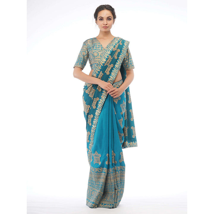 Shruti S Turquoise Dual Tone Silk Saree with Stitched Blouse