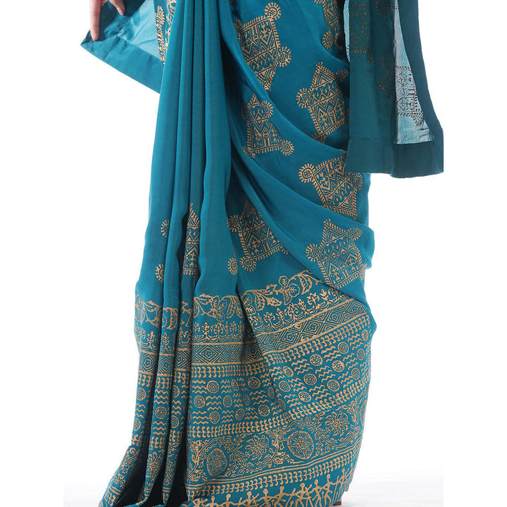 Shruti S Turquoise Dual Tone Silk Saree with Stitched Blouse