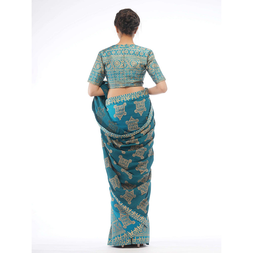 Shruti S Turquoise Dual Tone Silk Saree with Stitched Blouse