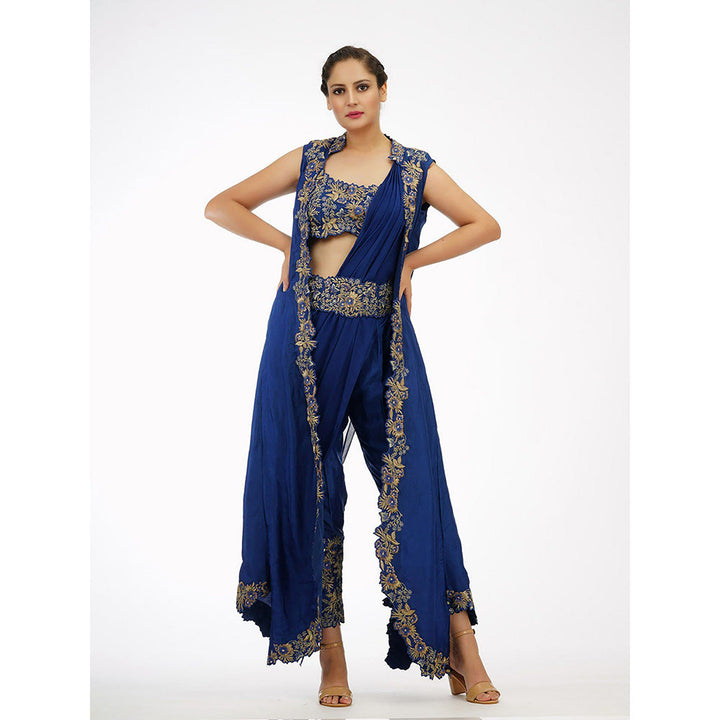 Shruti S Navy Blue Draped Trouser Saree (Set of 5)