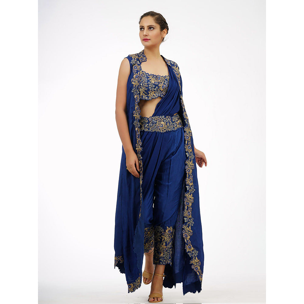 Shruti S Navy Blue Draped Trouser Saree (Set of 5)