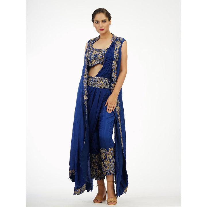 Shruti S Navy Blue Draped Trouser Saree (Set of 5)