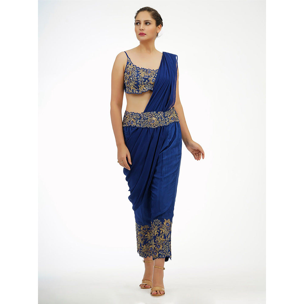 Shruti S Navy Blue Draped Trouser Saree (Set of 5)