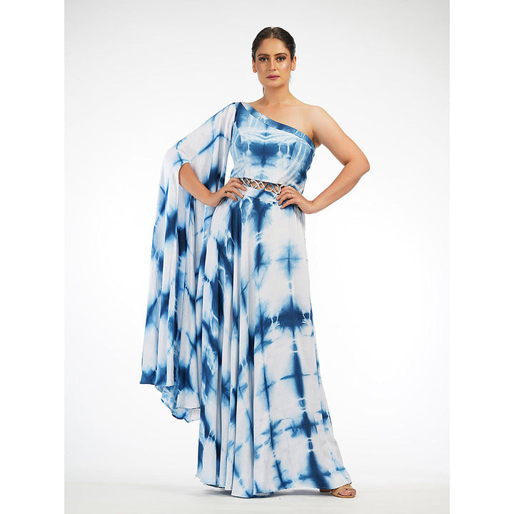 Shruti S Blue Shibori One Shoulder Drape Dress