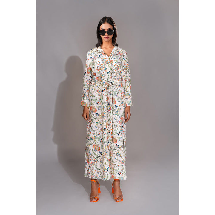 Shruti S White Printed Shirt Maxi Dress with Belt (Set of 2)