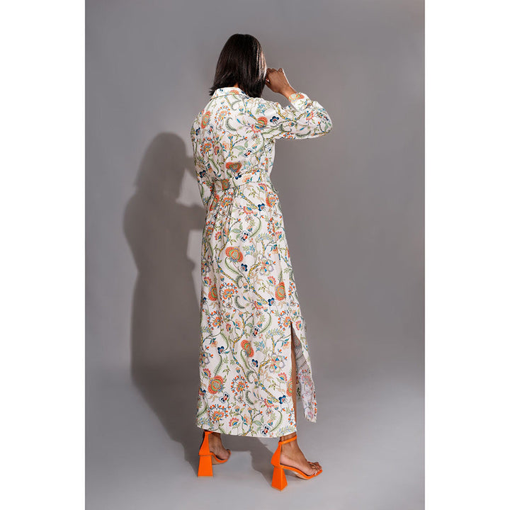 Shruti S White Printed Shirt Maxi Dress with Belt (Set of 2)