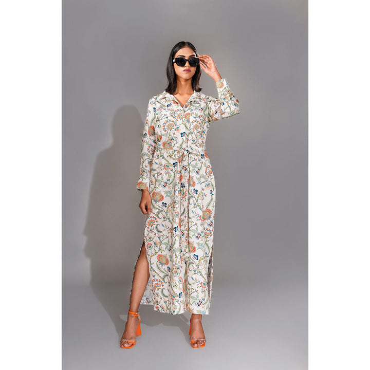 Shruti S White Printed Shirt Maxi Dress with Belt (Set of 2)