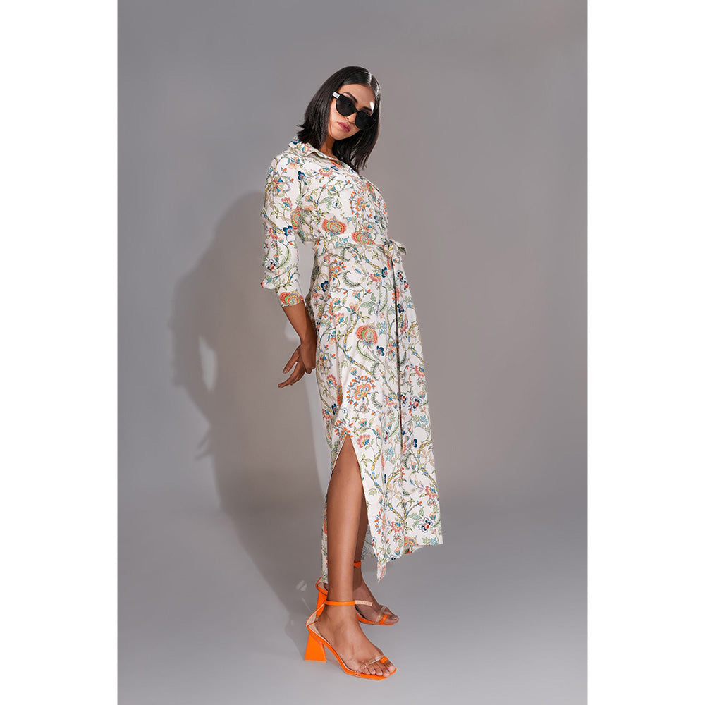 Shruti S White Printed Shirt Maxi Dress with Belt (Set of 2)