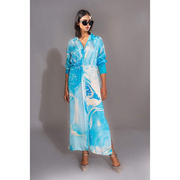 Shruti S Blue Marble Print Satin Maxi Dress