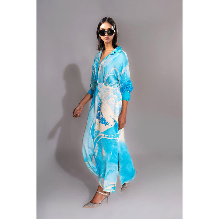 Shruti S Blue Marble Print Satin Maxi Dress