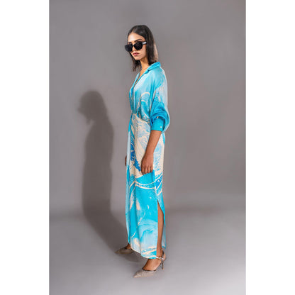 Shruti S Blue Marble Print Satin Maxi Dress