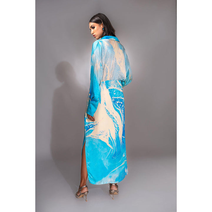 Shruti S Blue Marble Print Satin Maxi Dress