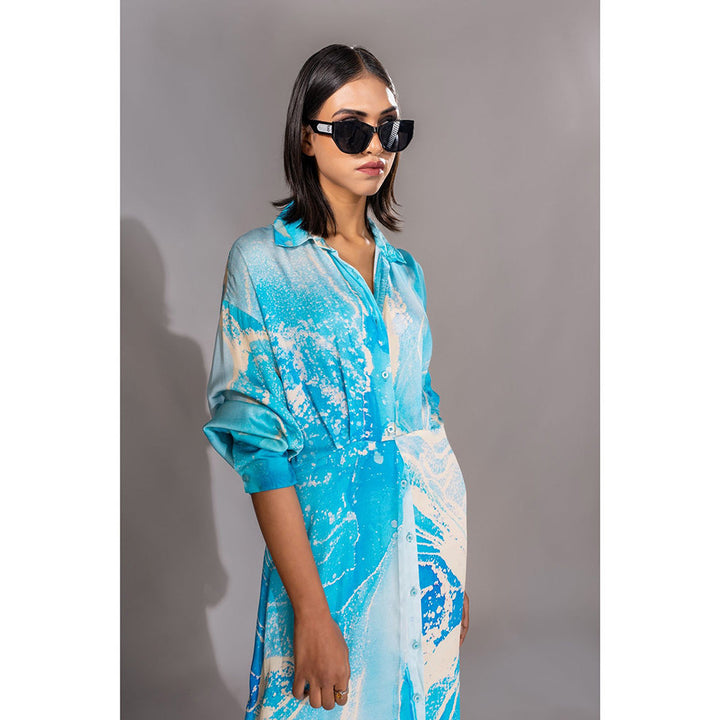 Shruti S Blue Marble Print Satin Maxi Dress