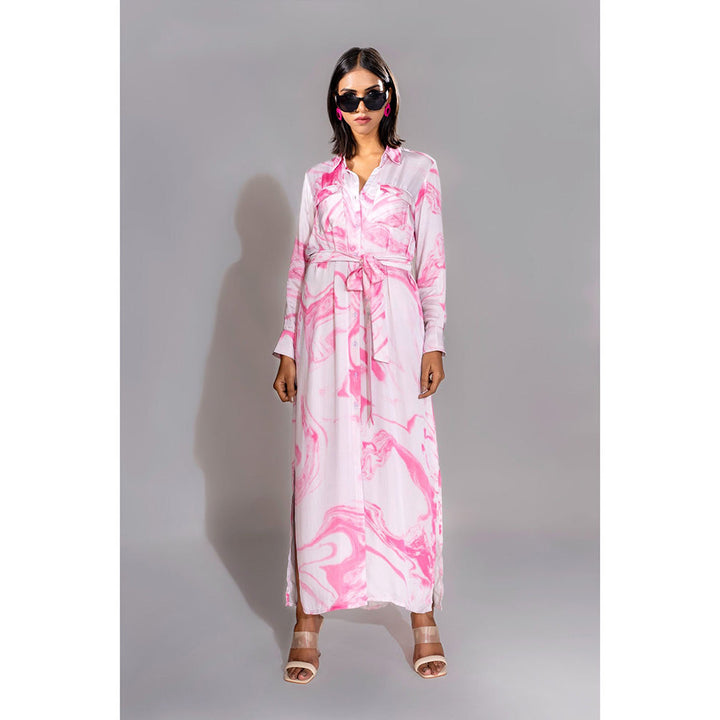 Shruti S Pink Marble Print Satin Maxi Dress with Belt (Set of 2)