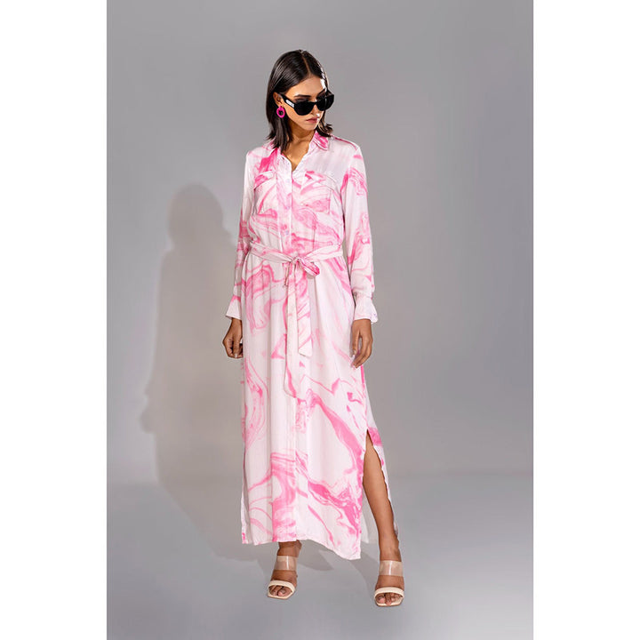 Shruti S Pink Marble Print Satin Maxi Dress with Belt (Set of 2)