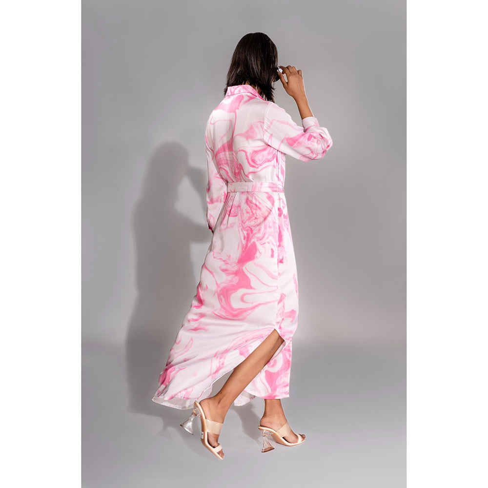 Shruti S Pink Marble Print Satin Maxi Dress with Belt (Set of 2)