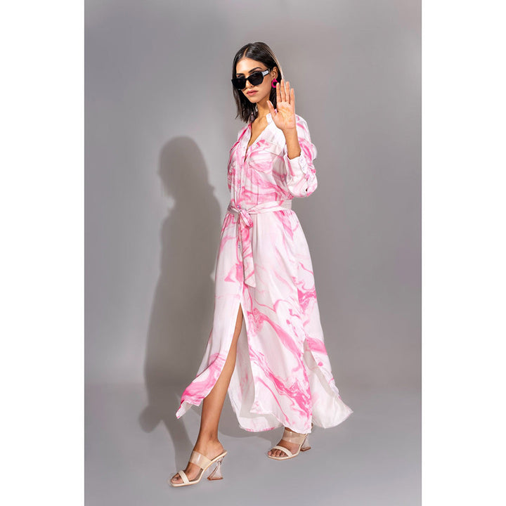 Shruti S Pink Marble Print Satin Maxi Dress with Belt (Set of 2)