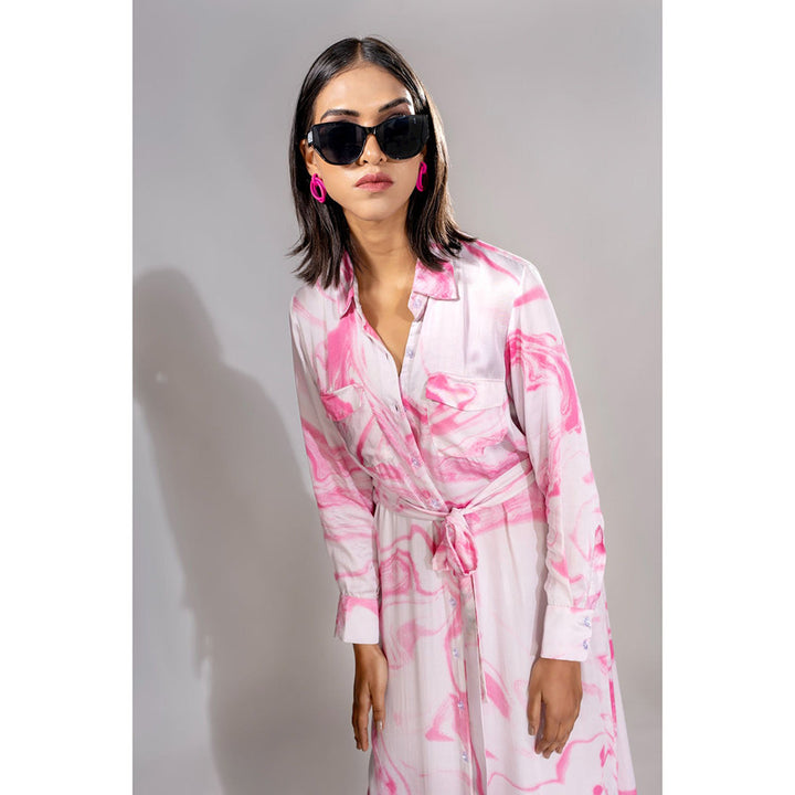 Shruti S Pink Marble Print Satin Maxi Dress with Belt (Set of 2)