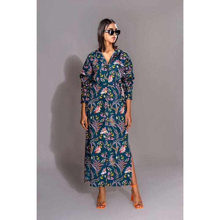 Shruti S Navy Blue Printed Shirt Maxi Dress