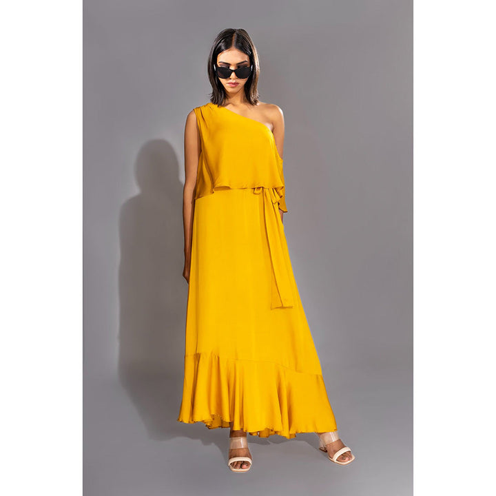 Shruti S Yellow One Shoulder Maxi Dress (Set of 2)