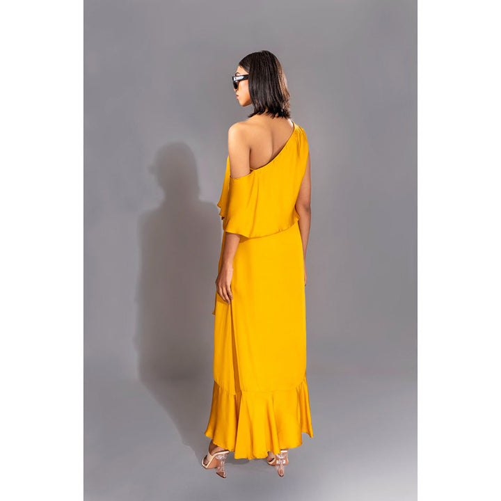 Shruti S Yellow One Shoulder Maxi Dress (Set of 2)