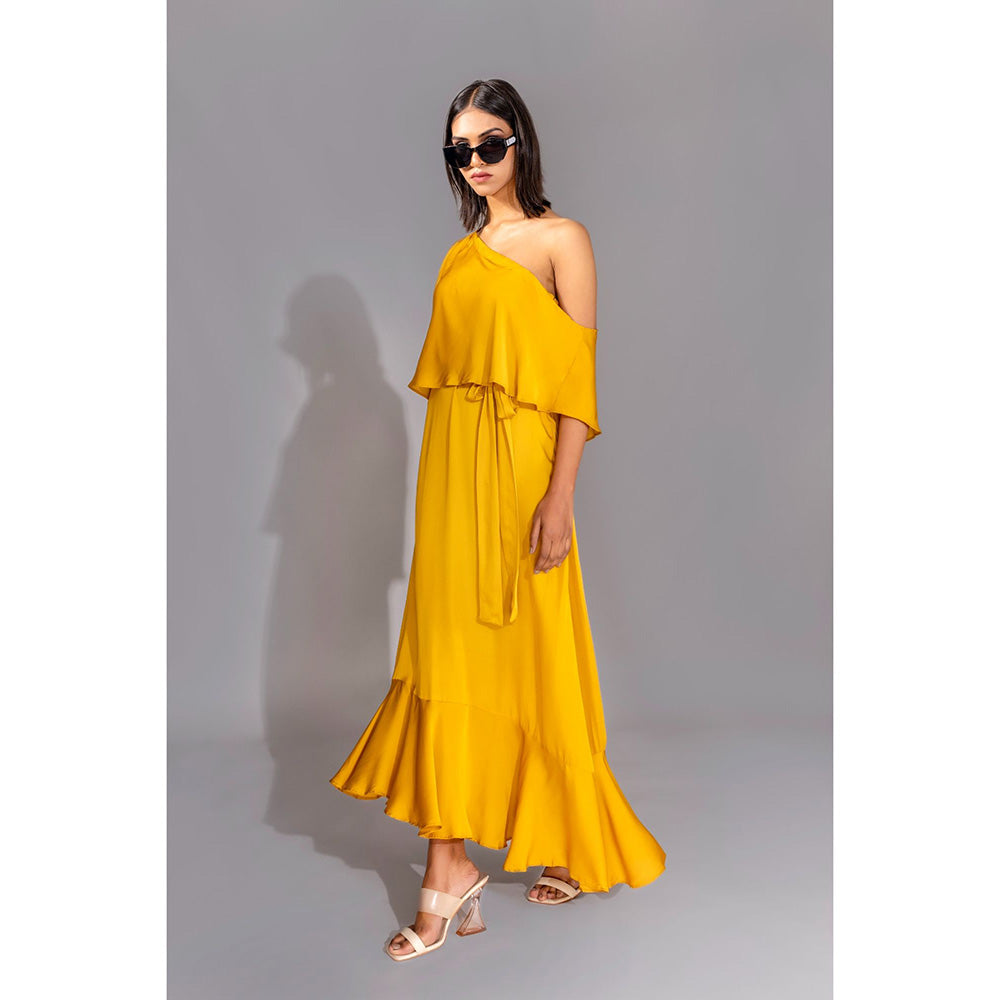 Shruti S Yellow One Shoulder Maxi Dress (Set of 2)