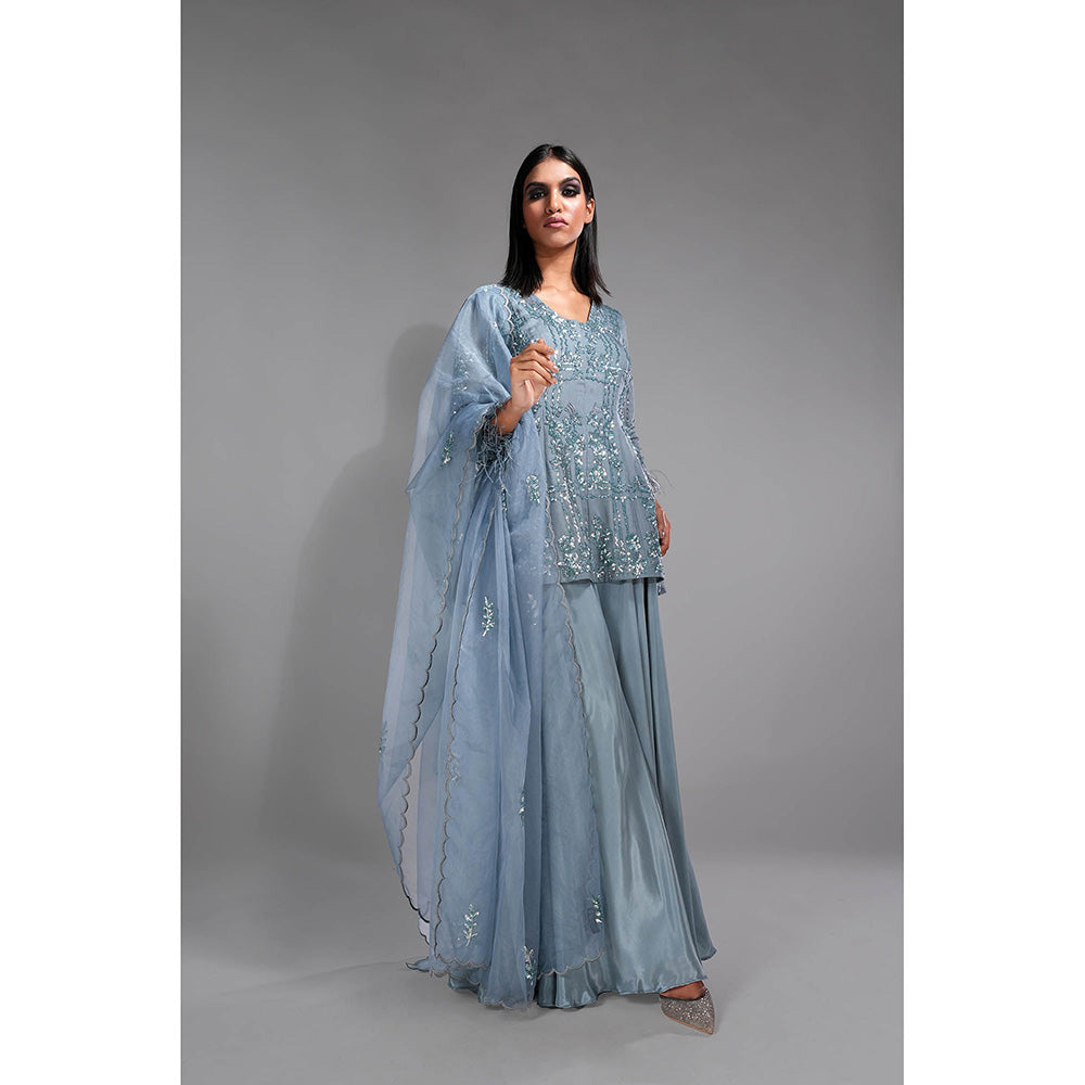 Shruti S Silver Blue Peplum Top with Sharara and Dupatta with Sequins Work (Set of 3)