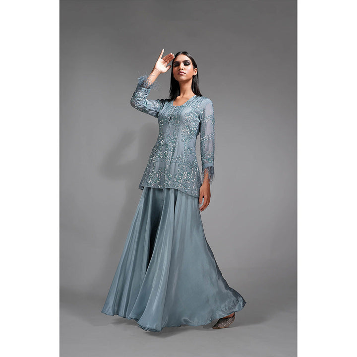 Shruti S Silver Blue Peplum Top with Sharara and Dupatta with Sequins Work (Set of 3)