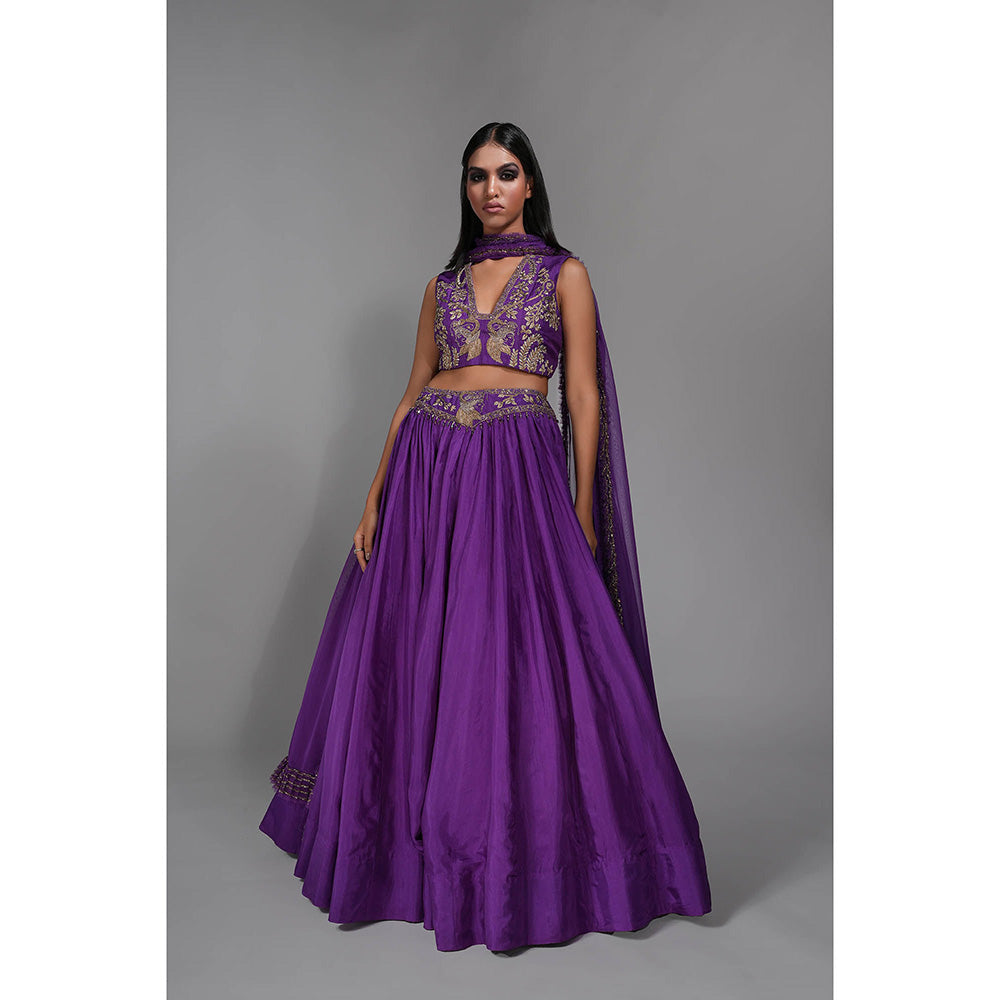 Shruti S Purple - Dori Work Plunging Neckline Lehenga with Choli and Dupatta (Set of 3)