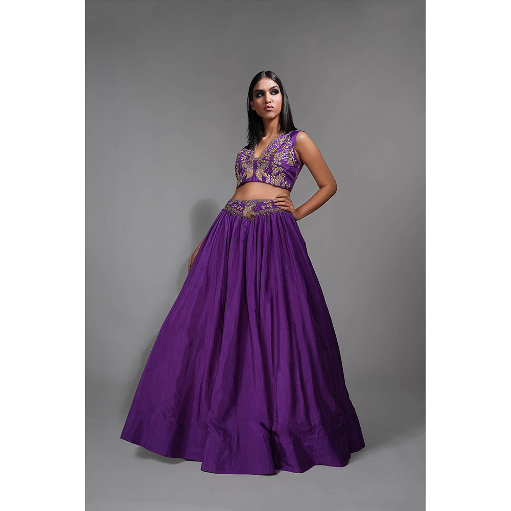 Shruti S Purple - Dori Work Plunging Neckline Lehenga with Choli and Dupatta (Set of 3)