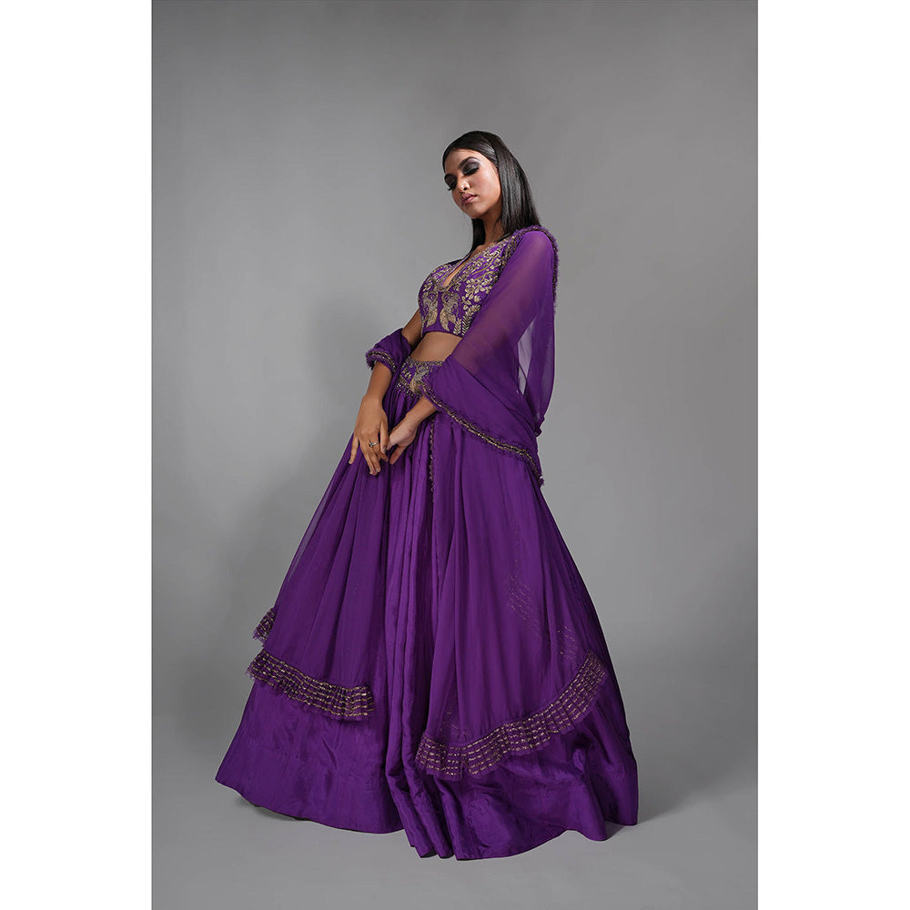 Shruti S Purple - Dori Work Plunging Neckline Lehenga with Choli and Dupatta (Set of 3)