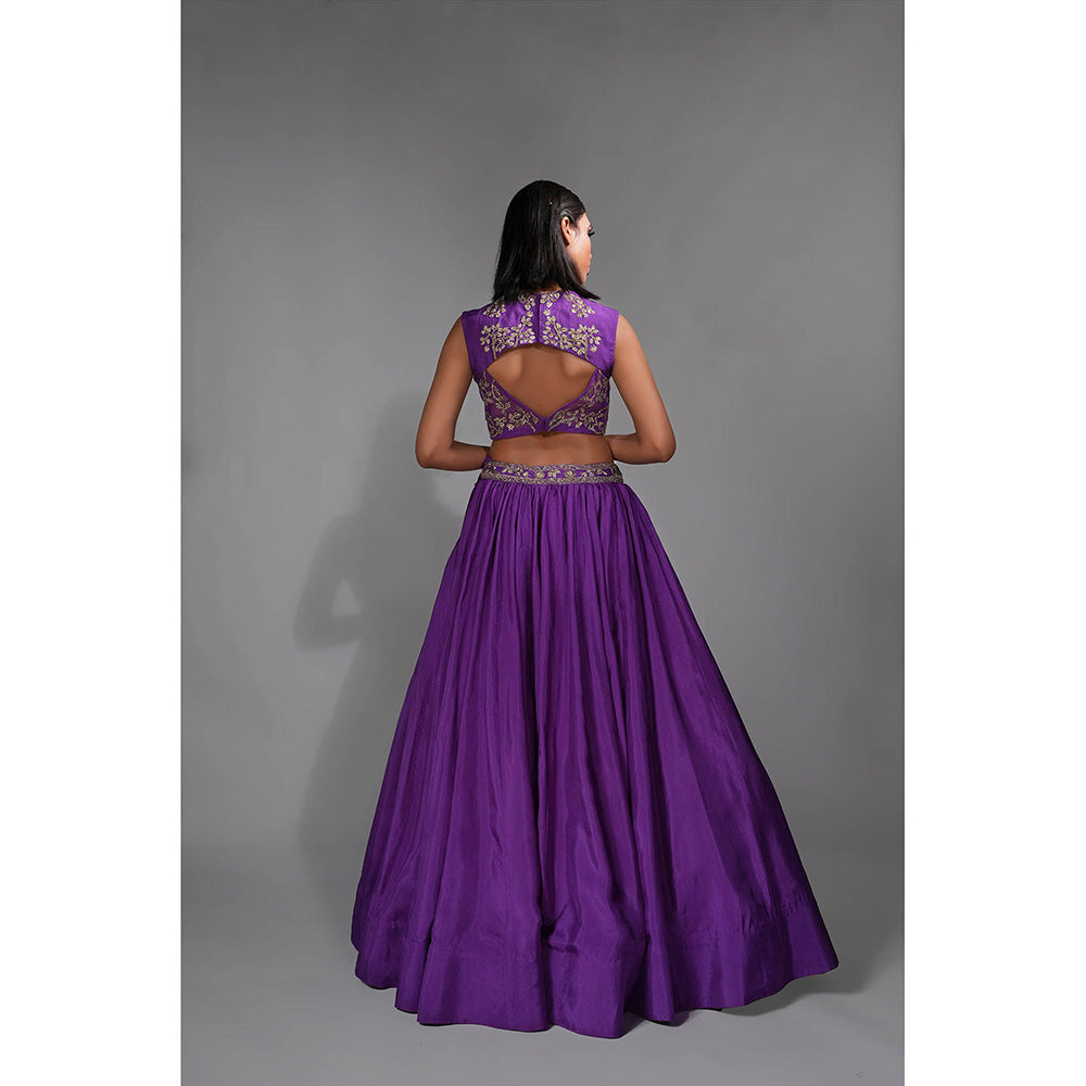 Shruti S Purple - Dori Work Plunging Neckline Lehenga with Choli and Dupatta (Set of 3)