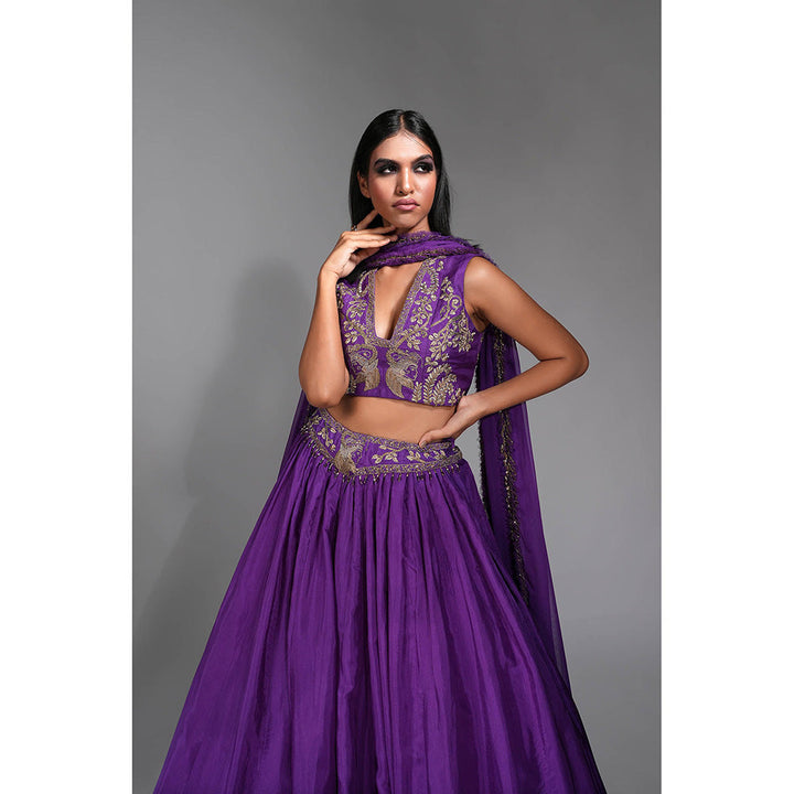 Shruti S Purple - Dori Work Plunging Neckline Lehenga with Choli and Dupatta (Set of 3)