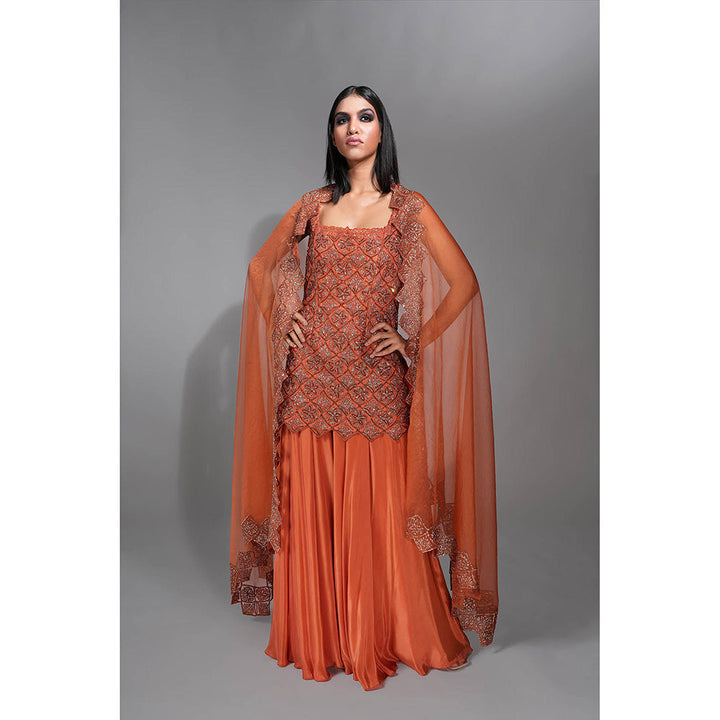 Shruti S Orange Dark Gold Embroidery Kurta with Sharara and Dupatta (Set of 3)