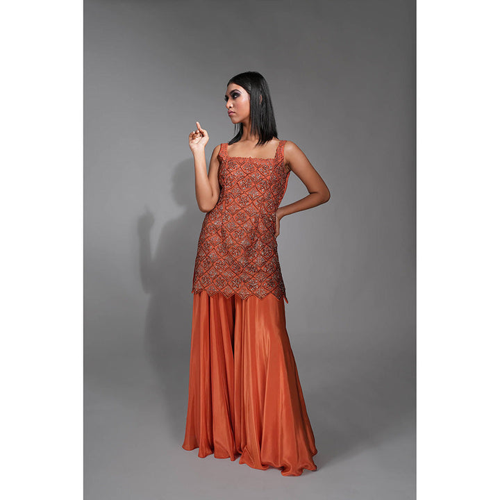 Shruti S Orange Dark Gold Embroidery Kurta with Sharara and Dupatta (Set of 3)