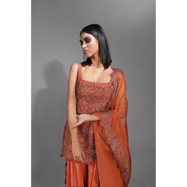 Shruti S Orange Dark Gold Embroidery Kurta with Sharara and Dupatta (Set of 3)