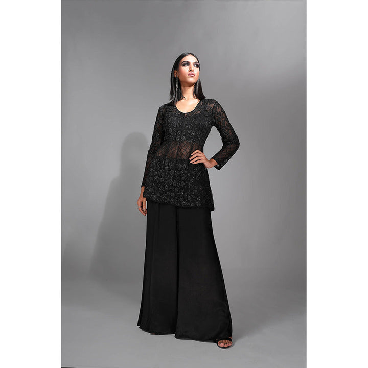 Shruti S Black Sheer Tone On Tone Embroidered Sharara with Top and Inner (Set of 3)