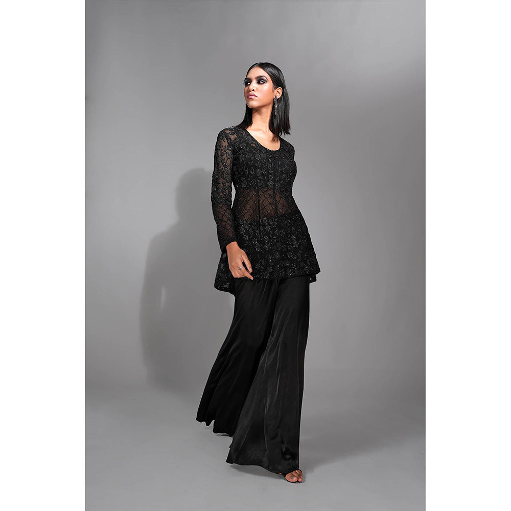 Shruti S Black Sheer Tone On Tone Embroidered Sharara with Top and Inner (Set of 3)