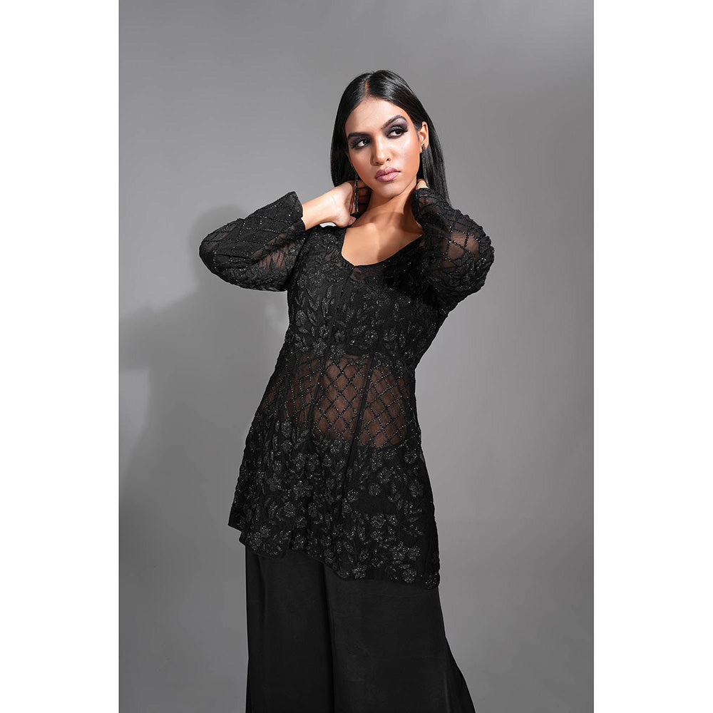 Shruti S Black Sheer Tone On Tone Embroidered Sharara with Top and Inner (Set of 3)