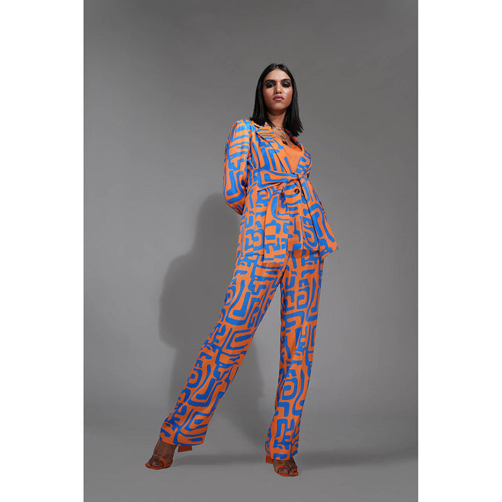 Shruti S Printed Tangerine Orange Co-Ord with Waist Tie (Set of 3)