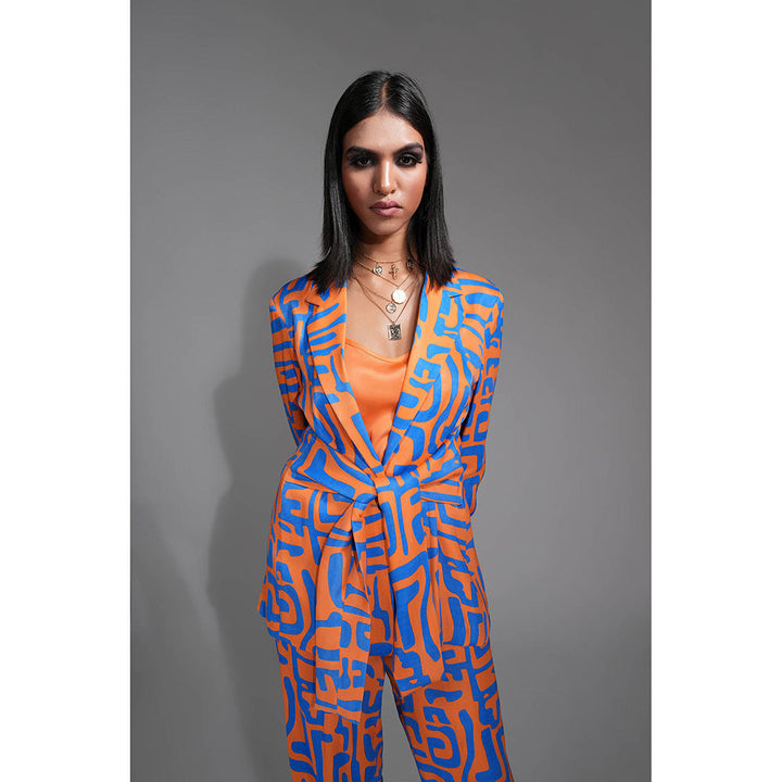 Shruti S Printed Tangerine Orange Co-Ord with Waist Tie (Set of 3)