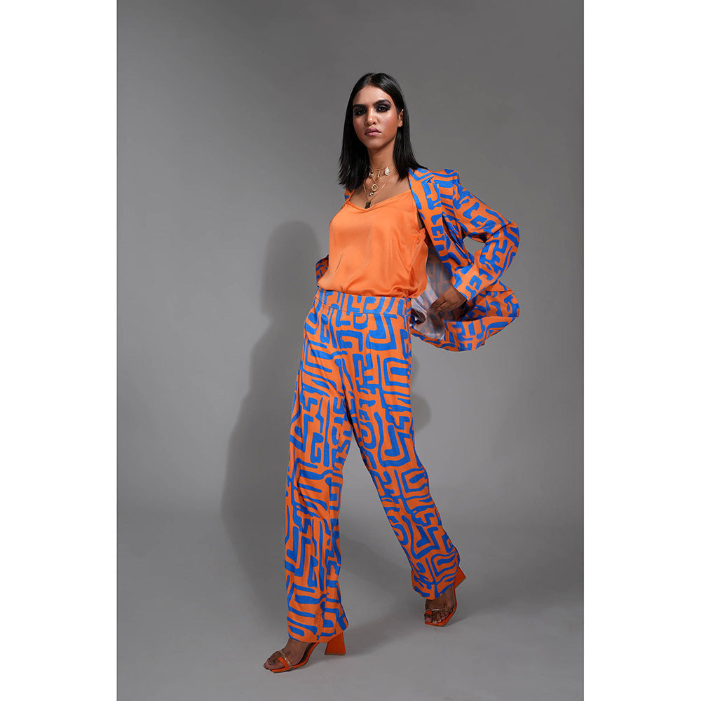 Shruti S Printed Tangerine Orange Co-Ord with Waist Tie (Set of 3)