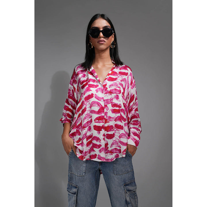 Shruti S Pink Lips Printed Satin Shirt Summer Resort