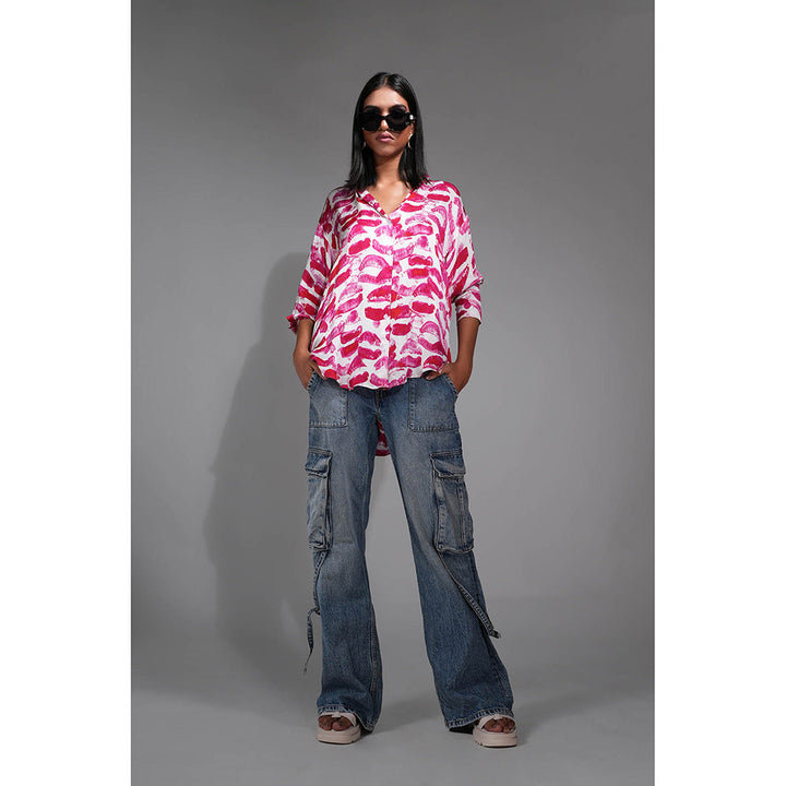 Shruti S Pink Lips Printed Satin Shirt Summer Resort