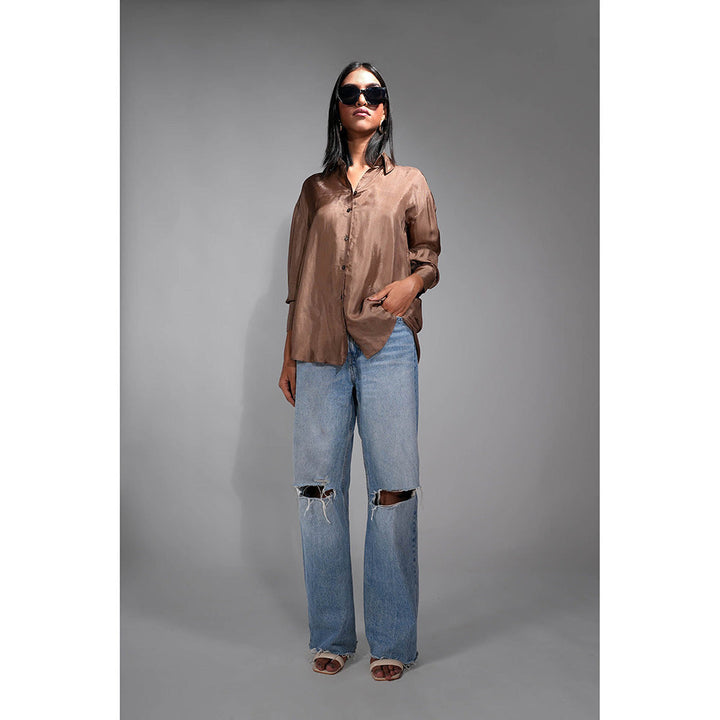 Shruti S Peanut Brown Silk Shirt with Hangings