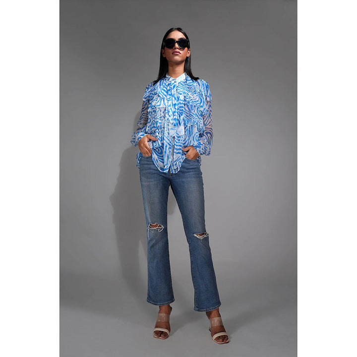 Shruti S Printed Chiffon Ruffle Shirt Cerulean Blue