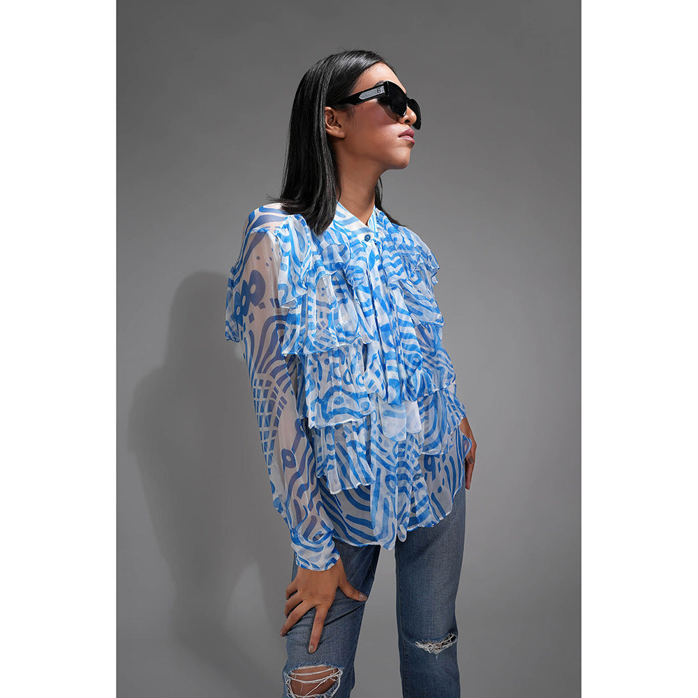 Shruti S Printed Chiffon Ruffle Shirt Cerulean Blue