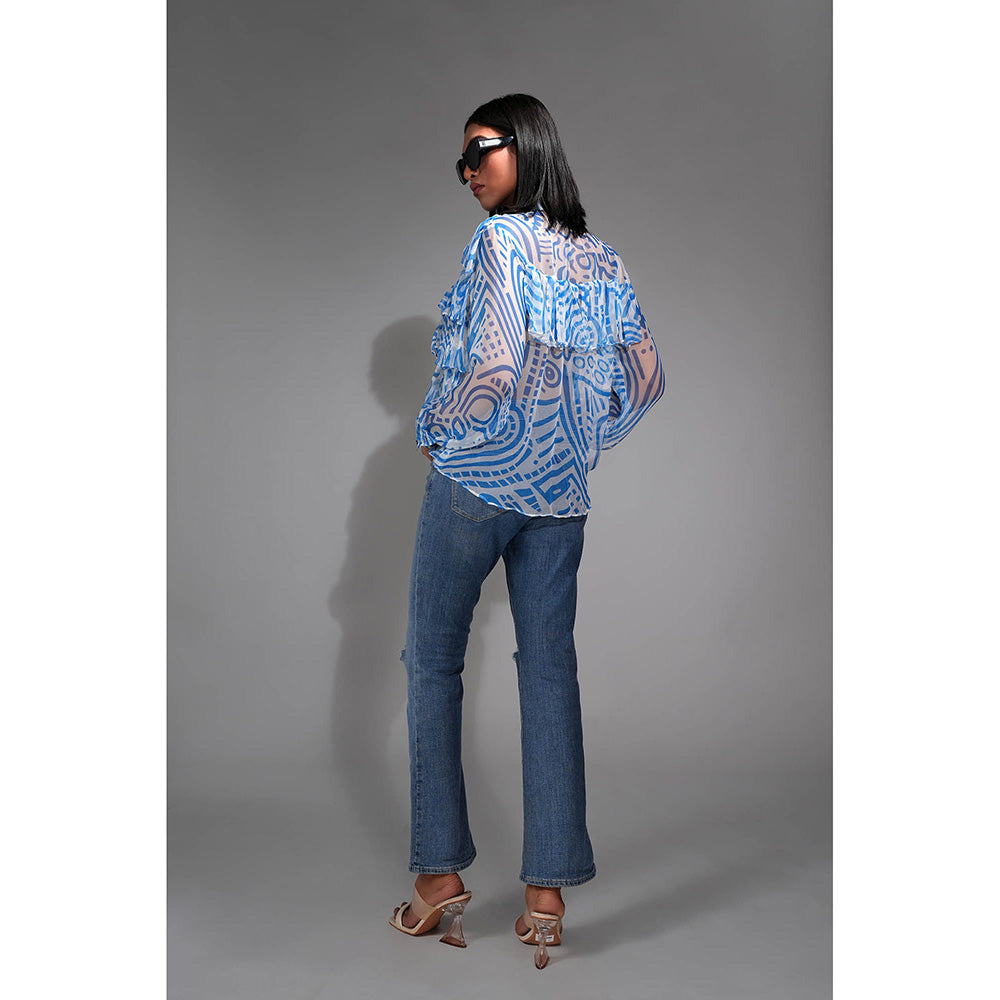 Shruti S Printed Chiffon Ruffle Shirt Cerulean Blue